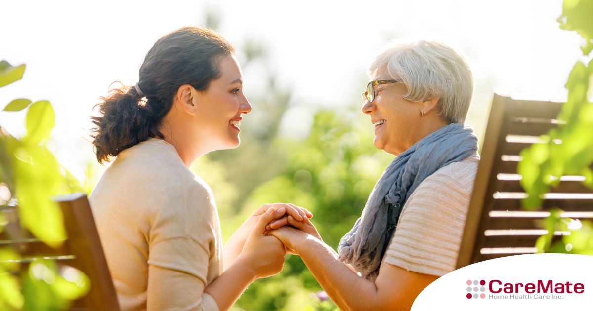 Caregiver provides at home senior services to an elderly loved one