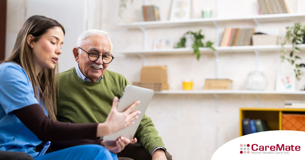 Home caregiver assisting senior man to use telehealth and senior care