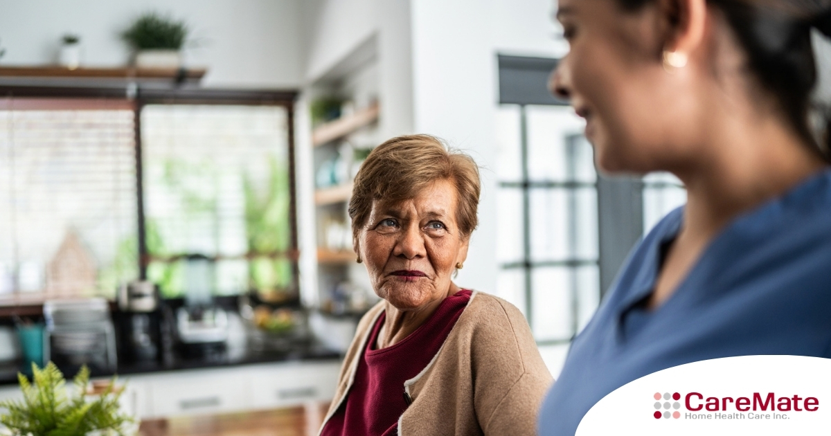 Caregiver provides attentive senior care as part of diabetes awareness